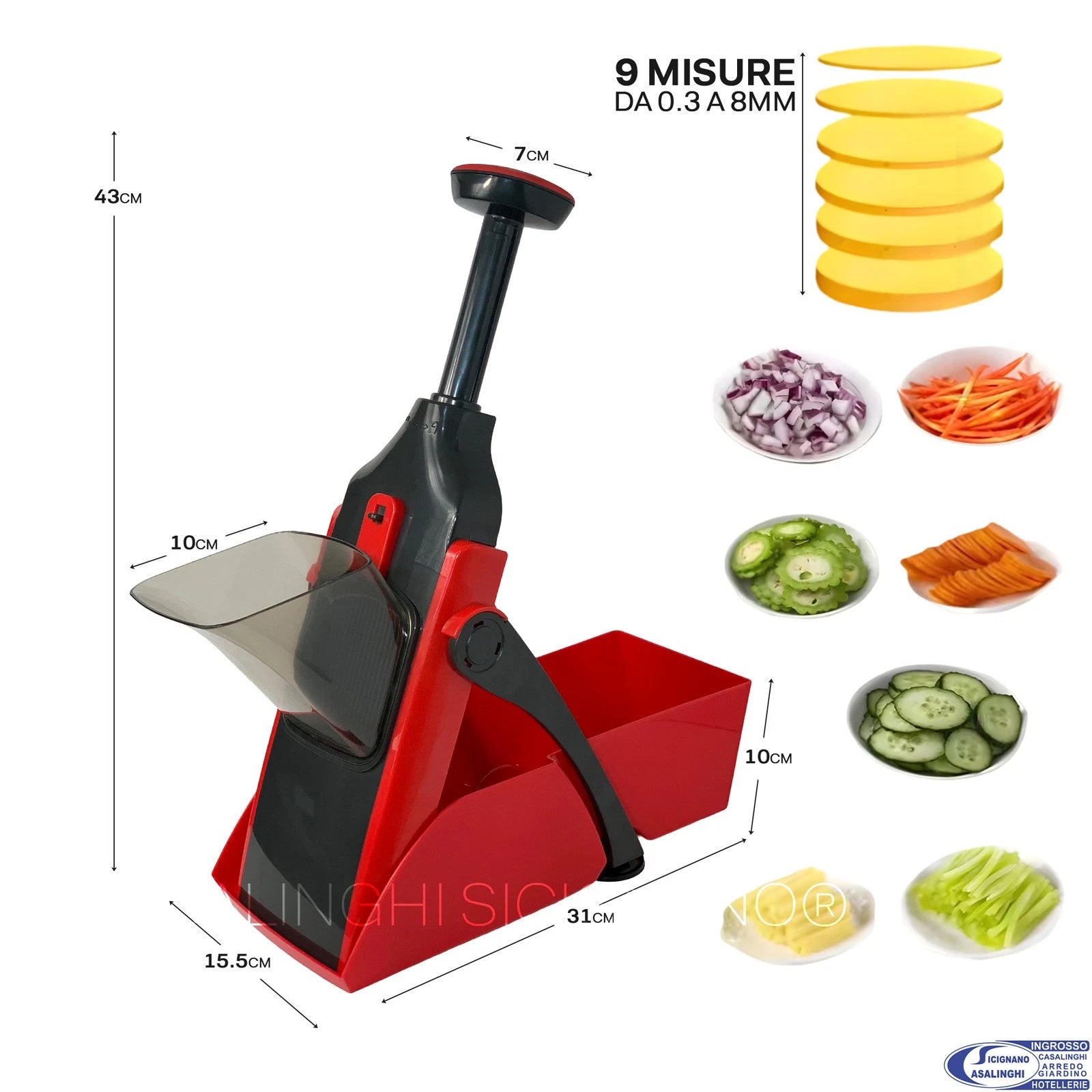 Arca Mandolina a Pressione Samurai Affettaverdure Acciaio Inox 9 Spessori